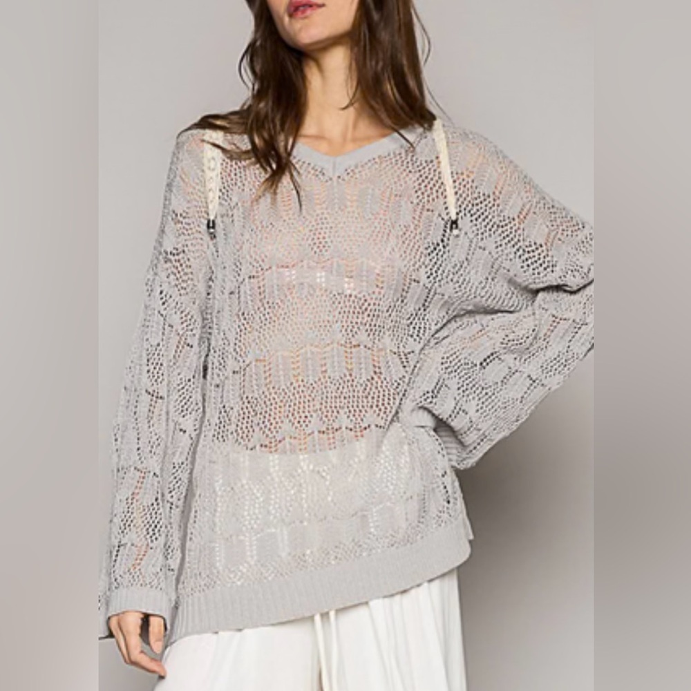 POL new Crochet grey Knit Women's Sweater sz M L $58